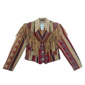 Vintage Pioneer Wear Wool and Leather Fringe Cropped Jacket Size 6
